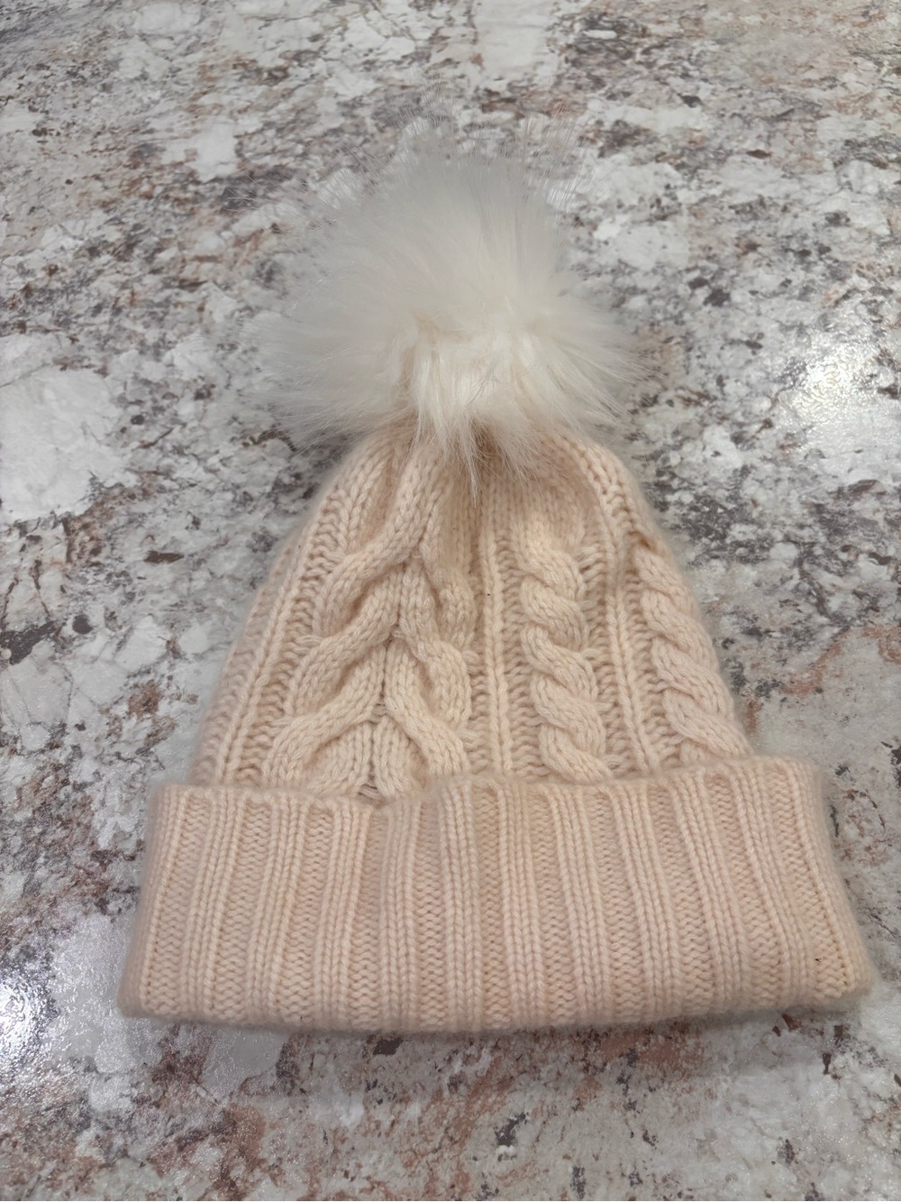 Cashmere Cable Knit Pom Beanie - Cream